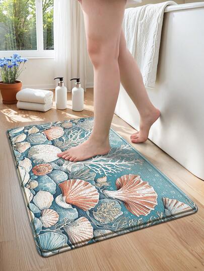 1pc Blue Ocean Shell Style Bath Mat, Suitable For Bathroom, Kitchen, Outdoor, Indoor, Hallway, Bedroom, Living Room, Machine Washable, Non-Slip Bottom, Easy To Clean, Suitable For Bedroom Bathroom Decor, Holiday Bathroom Decor, Decorative Carpet, Bathroom Accessories, Room Decor Set, Outdoor Decorative Carpet