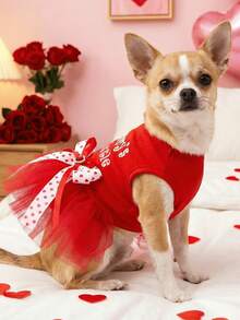 宠物连衣裙一件装，可爱浪漫的薄纱裙套装，适合小型犬猫，心形蝴蝶结设计，妈妈的小情人 - 紅色 - 查看 2