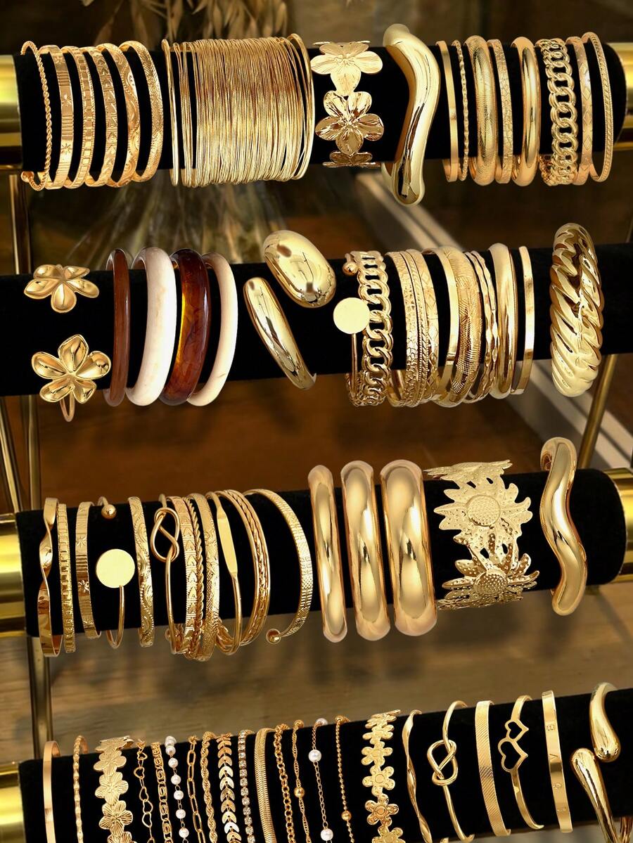 30/25/15/13/10/7/6件套复古多件套可叠戴粗链手镯，款式包括几何、花卉、心形、水滴形、扭曲形、人脸、星芒形、浮雕、爱心文字、波浪形、编织形、树脂珠、仿珍珠、水钻、亮片、蛇形链、飞机链、马蹄形链、锁链等，CCB多元素，简约光滑厚手镯套装，适合节日、派对、约会、送礼、日常佩戴。 - 金黃色 - 查看 1