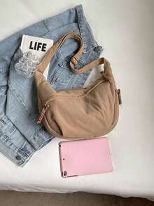 Fashionable Yellow Nylon Waterproof Shoulder Bag With Simple & Casual College Style, Wide Strap, Multiple Zipper Design Suitable For Students, Shopping, Daily Use, Shoulder Bag For School - Màu Khaki - Xem 6