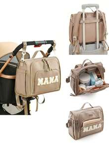 绣有“MAMA”字样的背包，带拉杆和妈妈尿布包，卡其色手提包，带婴儿车挂钩 - 彩色 - 查看 2
