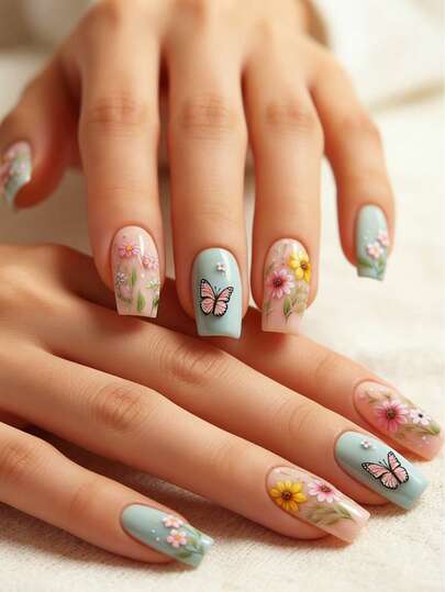 Y2K Enhance Your Look 24Pcs Summer Nail Long C-Curve Nail Tips Super Glossy Press On Acrylic Nails Pink Fashion Gradient Geometry Stripe Flower Butterfly Pattern Beauty Simple Style Fake Nails Artificial Finger Manicure False Nails For Women Sweet,Cute,Minimalist,And Elegant Style Nail Art Set With Detachable Fake Nail Patches Suitable For Holiday Wear,Parties,Friends,Dates,Daily Wear