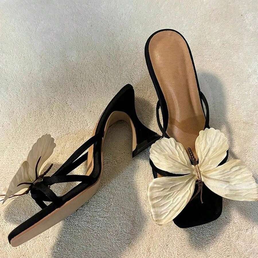 Women's High Heel Sandals, 2026 Spring/Summer New Arrival, Faux Butterfly Flower 3D Design, Fashionable Open Toe High Heel Slide Sandals, Elegant & Versatile - Black - View 1