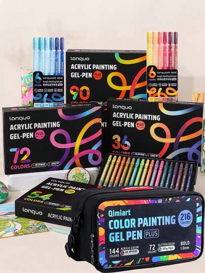 朗格3D立体感手账笔，6支装216色丙烯凝胶笔套装，15种主题颜色，4个礼盒包装，216色笔芯，1.0mm细笔尖，适用于绘画、素描和艺术手账 | 顺滑混色，大容量墨水 | 适合艺术家和初学者，是送给男孩/女孩学生、返校季和教师奖励的绝佳礼物