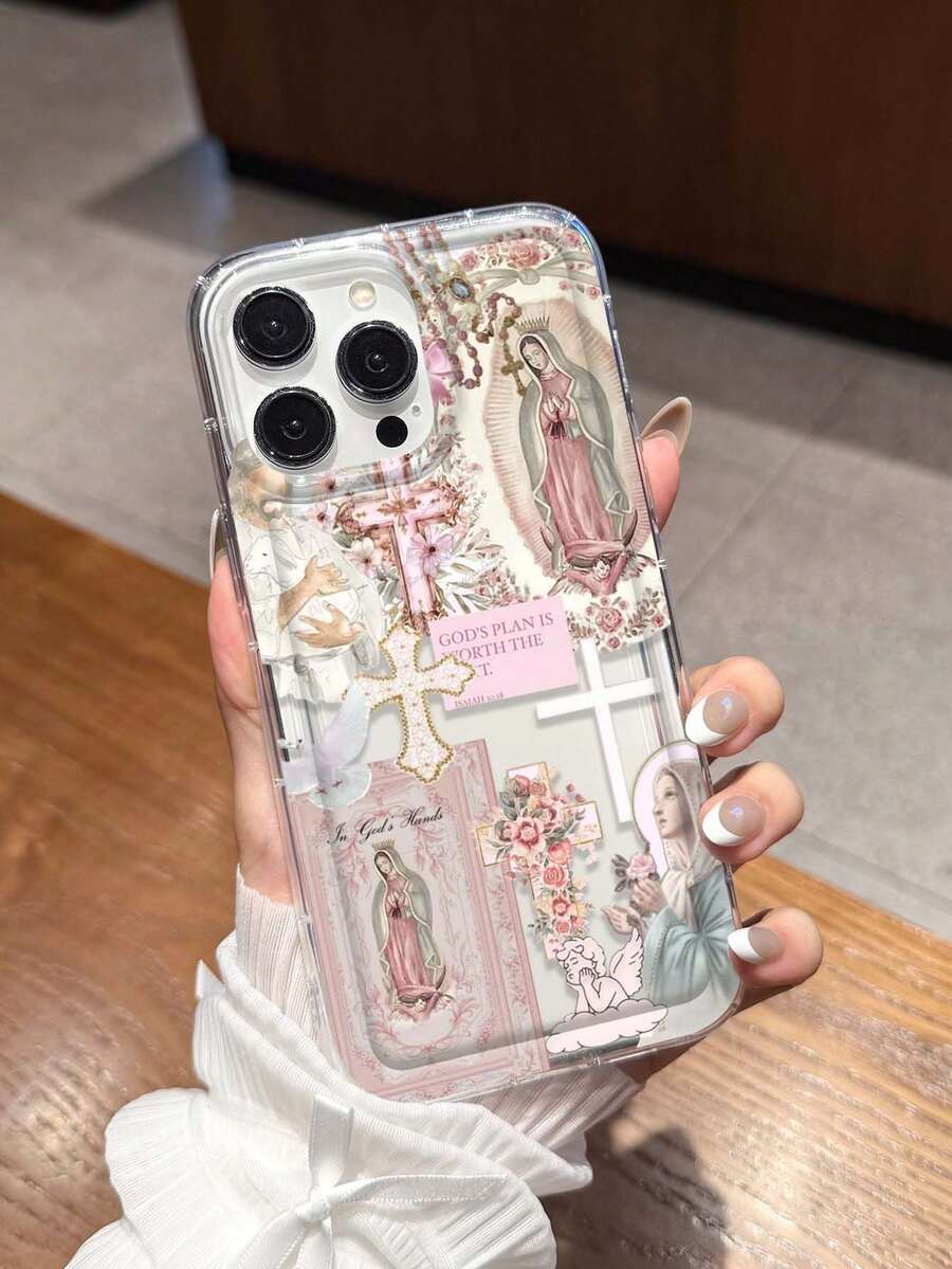 Transparent Phone Case With Cross And Virgin Mary Pattern, Compatible With IPhone 17/16/14/13 Pro Max/12 Pro/11/Xr/Xs/7/8 Plus, S10/S22/A12/A50/A52/S24/A135G, Durable TPU Material With Air Cushion - Multicolor - View 1