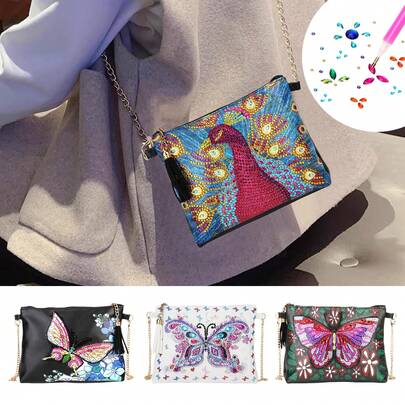 1pc Diamond Painting Kit Chain Bag, Butterfly & Peacock Series, PU Leather Material, Mosaic Crystal Rhinestone Studded Shoulder Chain Bag, Suitable For Daily Commute, Casual Outing, Also Can Be Given As Gift