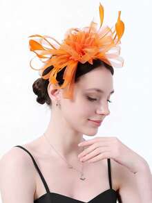1pc Women's Tea Party Headpiece, Kentucky Derby Wedding Floral Mesh Hair Clip - Orange - View 2