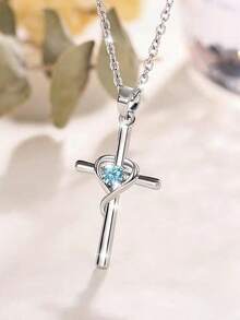 Luxury Blue Gemstone Cross Silver Necklace, Gift Box For Girl's Birthday - Blue - View 5