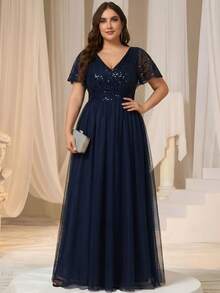 Vestido Formal de Tule com Mangas Bufantes, Lantejoulas e Babados, Vestido de Baile Elegante, Vestido de Festa de Gala Azul Marinho para Convidado de Casamento na Primavera/Verão, Festa de Dia dos Namorados - Azul Marinho - Visão 8