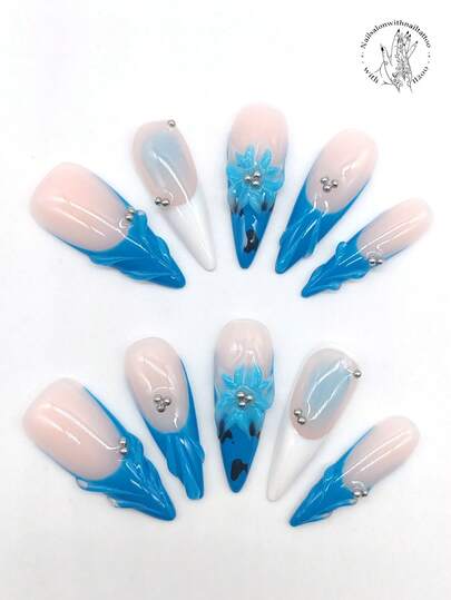 10 Pieces Of Pure Hand-Pressed Wearing Nail, 33mm Length Thin High Heel Nail, Pink Nail, Blue Nail, White Nail, Three-Dimensional Raised Blue Flower Silver Small Round Ball Decoration, Black Spots, Raised Lines. Cute Pointed Nail, Spring Nail.
