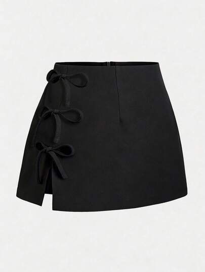 Women's Black Lace-Up Mini Skirt, Fashionable, Elegant, Versatile, Slimming