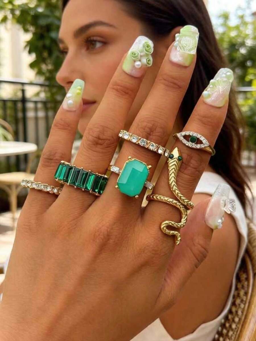 6件套波西米亚风水钻蛇眼戒指，精美礼物，适合女性在海滩度假时叠戴