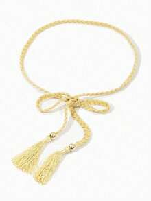 1pc Handmade Woven Extra Long Black Waist Rope - Beige - View 3