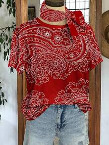 Women's Red Paisley Print Short Sleeve T-Shirt & Bandana Scarf Set, Casual Summer Top - 紅色 - 查看 1
