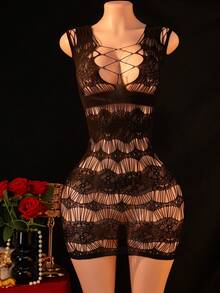 1pc Women's Sexy Lingerie Fishnet Nightdress,Hollow See-Throug Sleeveless Mini Skirt,Hot Girl Outfit,Bikini Cover-Up,Sexy Party Role Play Costume Valentine's Day - Black - View 1