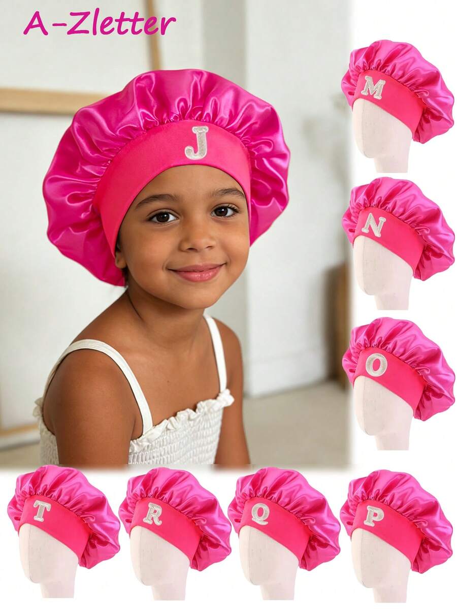 1pc Children's A-Z Letter Pink Elastic Wide-Brim Satin Sleep Cap - Snug Fit, Hair Protection, Super Soft Breathable Design With Anti-Slip Lining - Rose Red 2 - View 1
