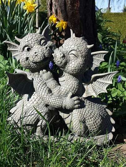 Ute Kissing Dragon Garden Statues - Whimsical Stone-Textured Resin Figurines With Scaly Details, Ideal For Garden Patios, Backyards & Flower Beds. Adds Cozy Fantasy Vibes, A Popular Romantic Outdoor Decor For Dragon & Garden Lovers.