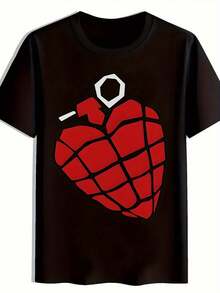 Camiseta gráfica para hombres con un símbolo de granada y un diseño de corazón rojo llamativo - Acabado brillante, ligero y transpirable, perfecto para conciertos, festivales de música y salidas casuales - Ideal para amantes de la música y fans de bandas. - Negro - Ver 1