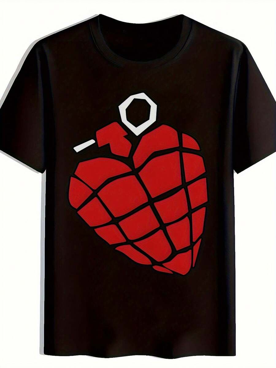 Camiseta gráfica para hombres con un símbolo de granada y un diseño de corazón rojo llamativo - Acabado brillante, ligero y transpirable, perfecto para conciertos, festivales de música y salidas casuales - Ideal para amantes de la música y fans de bandas. - Negro - Ver 1