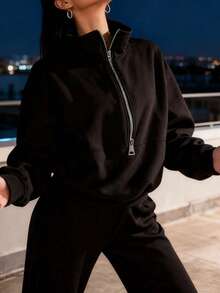 Women's Oversized Half Zip Tracksuit High Neck Loose Fit Sweatshirt And Wide Leg Pants Set Women's Casual Oversized 2 Piece Tracksuit Half Zip High Neck Sweatshirt And Wide Leg Pants Loungewear Cozy Must-Have! Women's Oversized Half Zip Tracksuit High Neck Loose Fit Sweatshirt & Pants Stylish & Comfortable: Women's Oversized 2 Piece Half Zip Tracksuit High Neck Sweatshirt Outfit - 黑色 - 查看 4