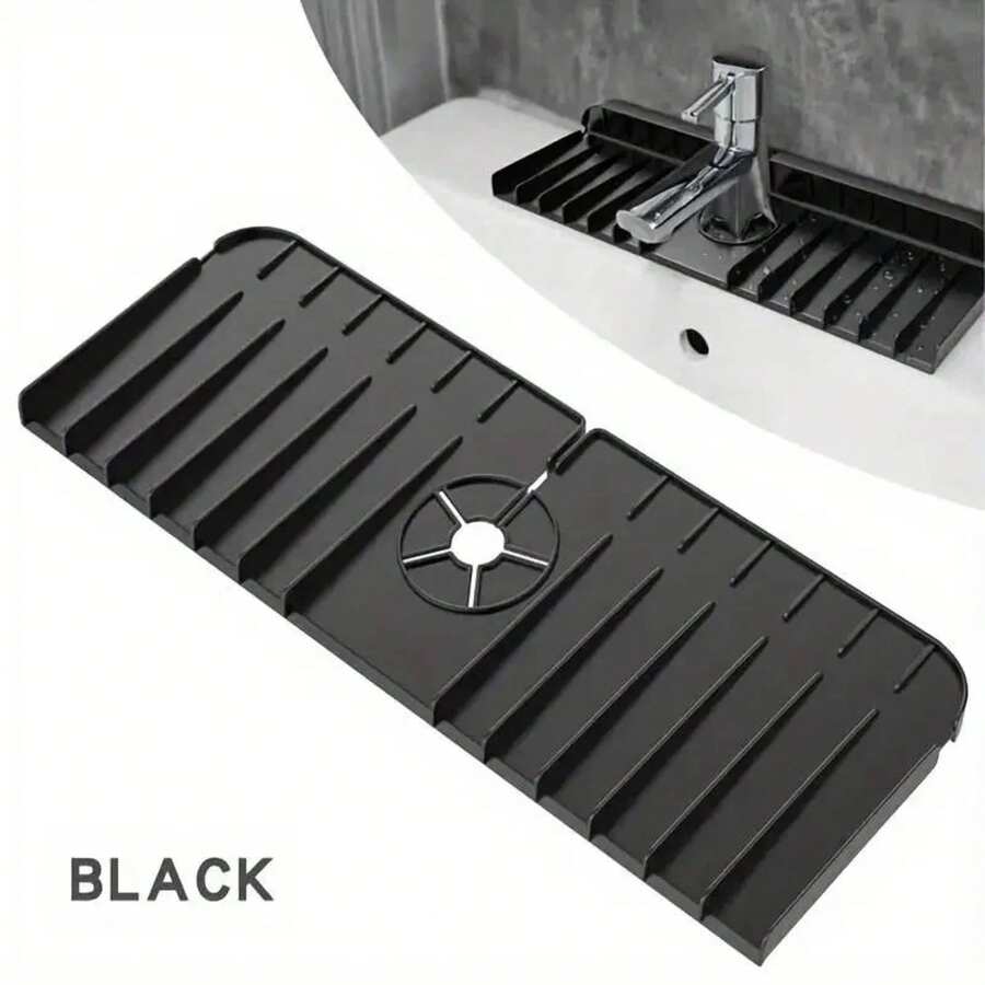 Silicone Faucet Mat, Sponge Holder, Sink, Kitchen, Countertop, Drying Mat, Bathroom, Kitchen, Splash Guard, Drain Pad RBOK - Black-1pcs - View 1