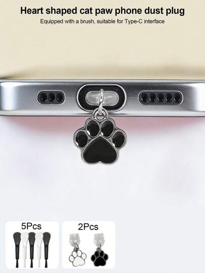Juego de tapones antipolvo tipo conector USB-C con diseño de pata de gato (2 tapones + 5 cepillos), accesorios adorables para dispositivos con conector USB-C