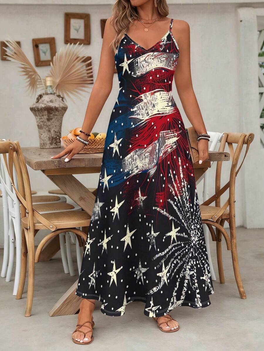 A Women's Maxi Dress With Star-Stripe And Firework Print On Black Base, Polyester Fiber Fabric, Lightweight And Breathable, Regular Women's Clothing, Women's Dress, Women's Apparel - 彩色 - 查看 1