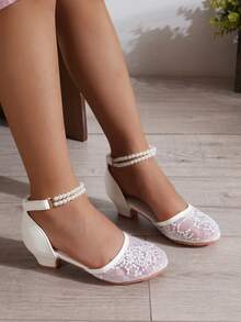 1双女童时尚闪亮蝴蝶蕾丝高跟闭趾凉鞋，适合所有季节 - 白色 - 查看 4