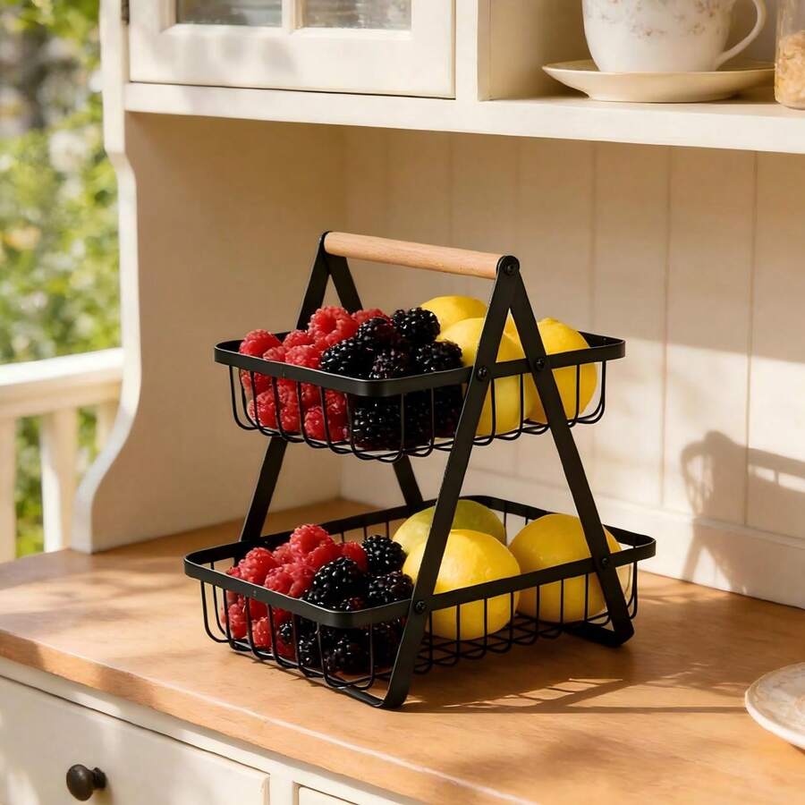 2-Tier Heavy Duty Fruit Basket With Integrated Handle, Space-Saving Iron Wire Vegetable Holder With Open Design For Ventilation, Perfect For Kitchen Countertops - Black - View 1