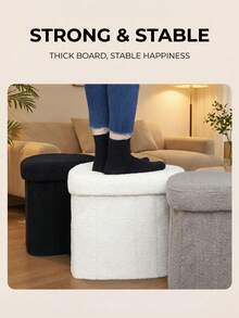 1 Item: Teddy Fleece Heart Folding Storage Stool, Fiberglass MDF Household Storage Box With Seating, Multifunctional Shoe Changing Stool/Sofa Stool, Portable Large Capacity, Space Saving, Available In White/Camel/Gray/Black (4 Colors). - White - View 6