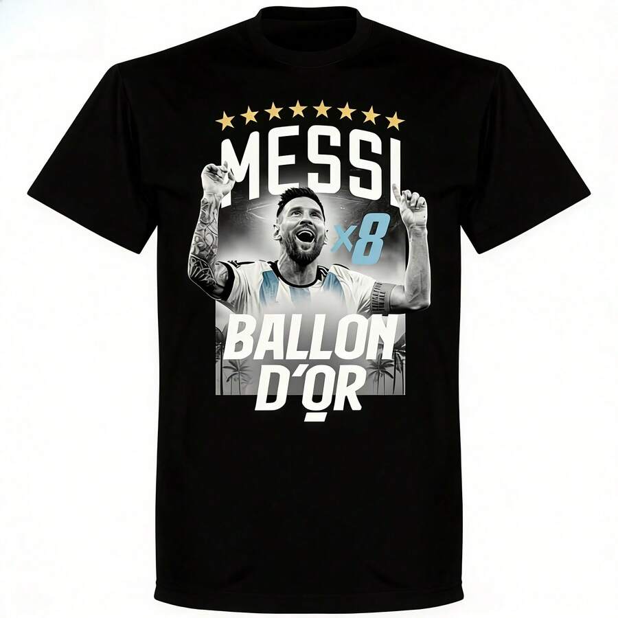 Messis X8 Ballon D 'Or T-Shirt 2026 Spring_Summer Streetwear For Both Men And Women, A Pure Cotton Sh - 黑色 - 查看 1
