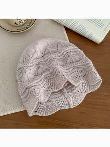 1顶柔软镂空休闲涤纶针织帽，荷叶边设计，透气，适合春、秋、冬季佩戴。 - A - 查看 10