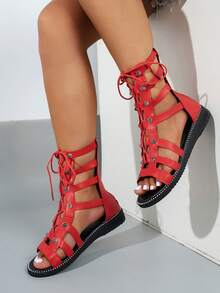 Giày sandal nữ màu đỏ hở mũi buộc dây, khóa kéo phía sau, kiểu dáng đế bằng đi biển, thích hợp cho trang phục mùa hè. - Đỏ - Xem 2