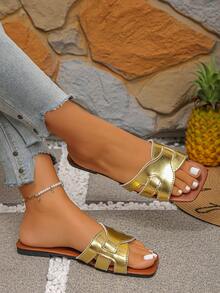 Giày sandal đế bằng quai ngang khóa đôi mùa hè mới, trang phục ngoài trời thời trang dành cho phụ nữ cỡ lớn. - Vàng - Xem 4