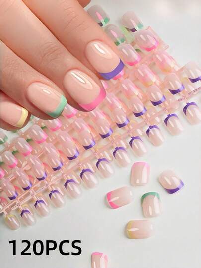 120PCS Five-Color French Short Square Nail Nude Simple Nail Fake Nail Press On Nail