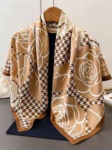 1条90x90厘米方形丝巾，女士斜纹真丝千鸟格玫瑰花卉图案，可作领巾、头巾或披肩使用。 - 彩色 - 查看 1