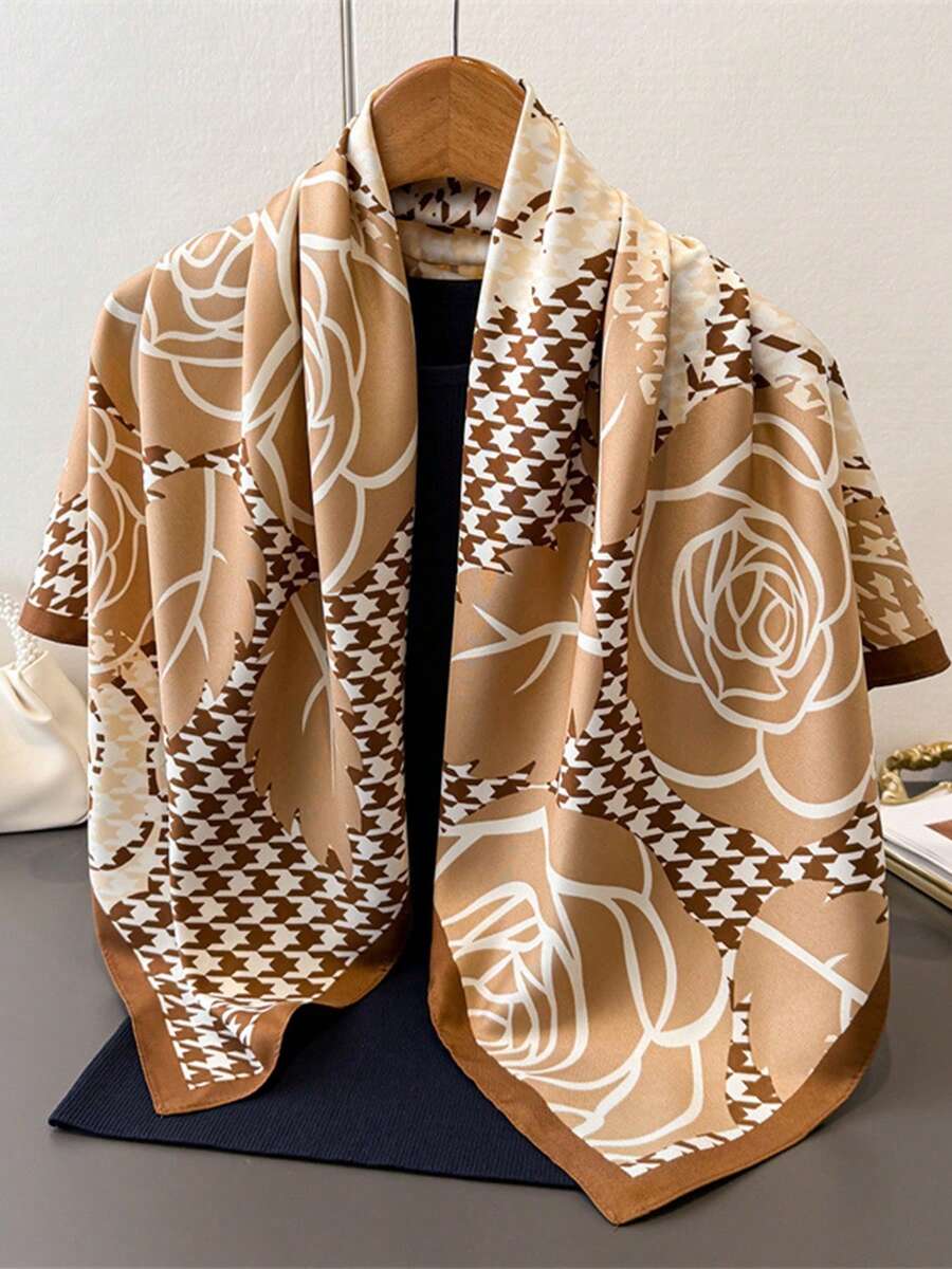 1条90x90厘米方形丝巾，女士斜纹真丝千鸟格玫瑰花卉图案，可作领巾、头巾或披肩使用。 - 彩色 - 查看 1