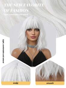 Peluca blanca de fibra sintética resistente al calor con flequillo, de 14 pulgadas y rizada, para mujeres, para uso diario, fiestas, cosplay y festivales de música - Blanco - Ver 11