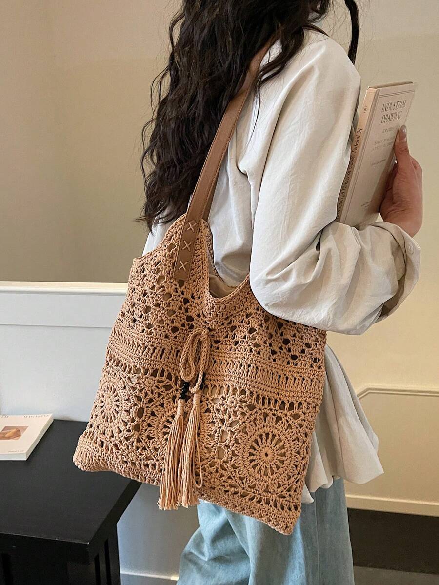 Women Crochet Shoulder Bag With Tassel Fringe Bohemian Vacation Handbag