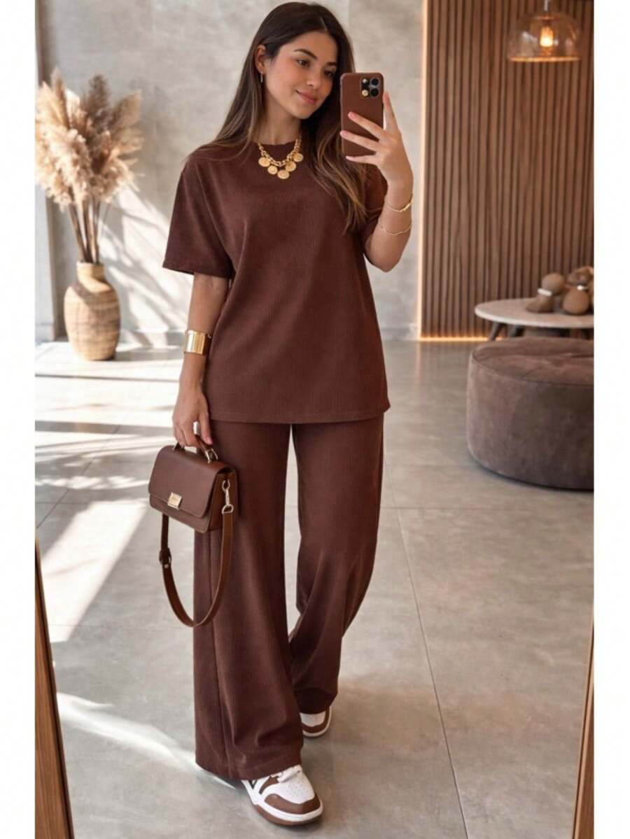 Conjunto Feminino Calça Pantalona + Blusa Moletinho Casual Elegante Tendencia - Marrom - Visão 1