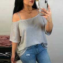 Plus Size Round Neck Short Sleeve T-Shirt, Regular Hem, Knit Fabric, Medium Stretch Top Casual Summer - Grey - View 5