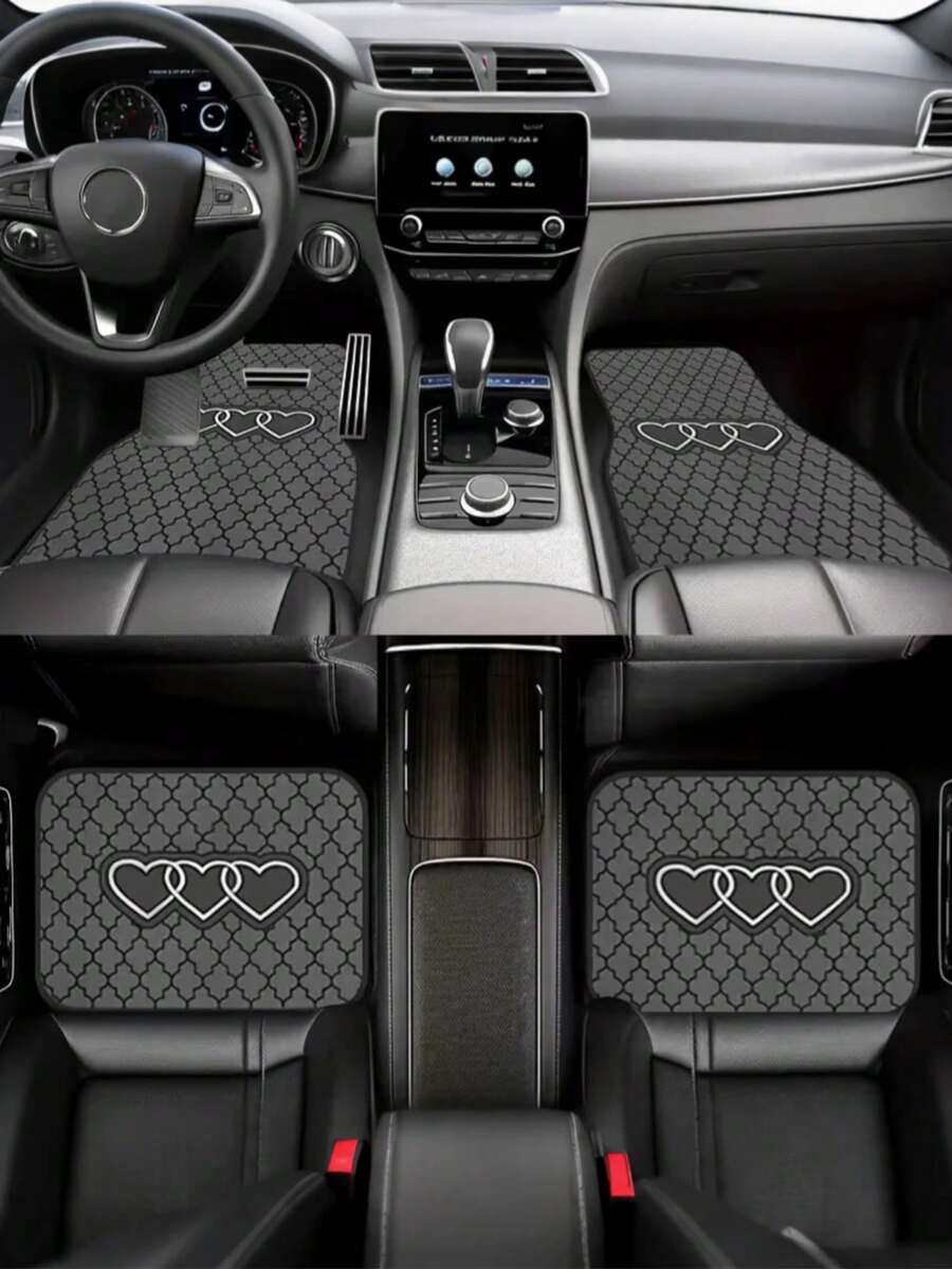 4pcs Black & Gray Geometric Heart Car Floor Mats | 2D Flat Design, Durable All-Weather Polyester Material, Easy To Clean | Suitable For Sedan & SUV, Fashionable Interior Accessory, Perfect Gift