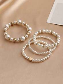 4 Pcs Girls' Pearl Beaded Heart Charm Bracelet Set Valentine's Day Jewelry - Multicolor - View 6