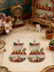 1对复古新款亚克力书本印花毕业耳环，创意时尚亚克力猫形返校教师学生礼物 - 彩色 - 查看 2