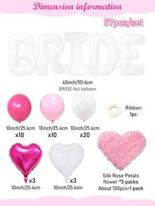 Conjunto de Balões para Decoração de Noiva 18/52/57 Peças - Faixa BRIDE Branca de 40 Polegadas + Balões de Látex Rosa Choque, Rosa Macaron e Branco Fosco + Pétalas de Tecido Não Tecido Reforçado + Balões de Folha em Formato de Coração Perfeitos para Decoração de Quarto de Despedida de Solteira, Chá de Panela, Casamento, Cabine de Fotos de Casamento, Suprimentos para Noiva - Multicolorido - Visão 3