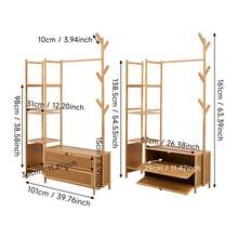 LIVINGANDHOME Multi-Functional Bamboo Wooden Freestanding Coat Rack With Branch Hooks & 2 Storage Cabinets, Brown/Natural Bamboo MDF Hall Tree Entryway Organizer - Natural Wood - View 13