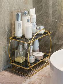 1pc 2-Tier Freestanding Makeup Organizer - Modern Round Vanity Makeup Holder For Skincare, Perfume, Brushes - Bathroom And Vanity Storage Rack, Marble Base, Cosmetic Storage | Elegant Metal Finish | Gold Finish, Makeup Organizer, Room Decor, Storage, Makeup Brush Holder, Perfume Organizer - Multicolor - View 5