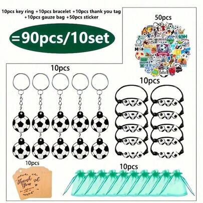90 Items / 10 Sets Are Suitable For Birthday Parties, Football Event Parties, Sports Events And Other Occasions. Football Party Souvenirs Include Key Chains, Ribbon Bags, Bracelets, Stickers And Brown Paper Labels.