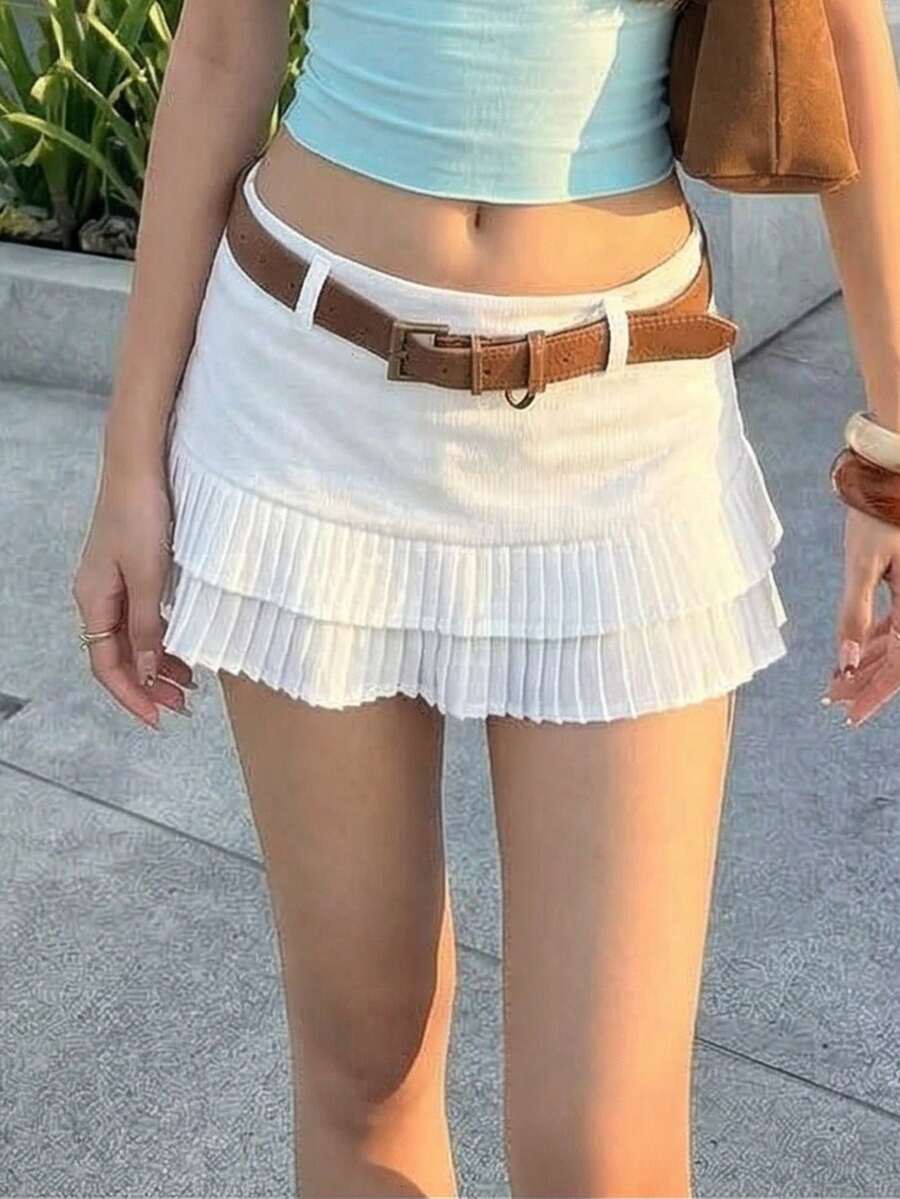 Women's Low Waist Pleated Mini Skirt With Belt & Ruffle Hem A-Line Skirt, Suitable For Casual Daily Wear, Vacation, Street Style In Summer Spring - Beige - View 1