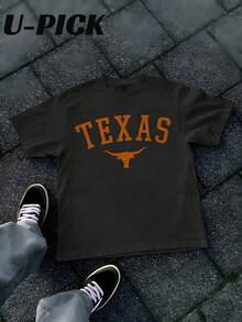 U-PICK -Texas Longhorn  Tee | U-PICK Vintage College Streetwear T-Shirt | Burnt Orange State Pride Top- Men's Pure Cotton Round Neck Casual Short Sleeve Tshirt , Can Be Used As A Gift - 黑色 - 查看 1